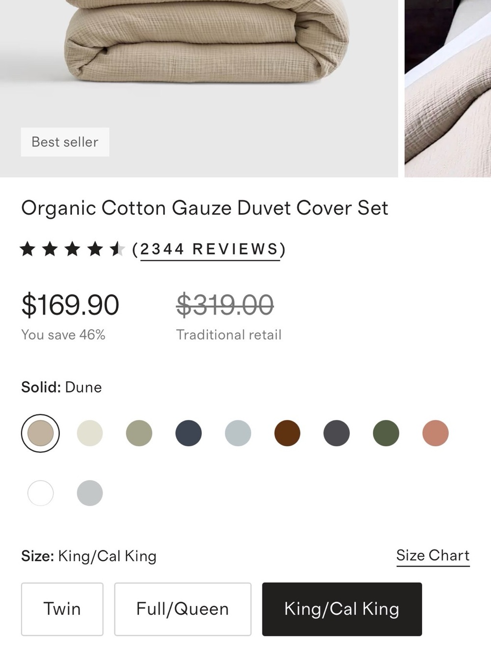 Quince Organic Cotton Gauze Duvet Cover Set King Dune NWOT 3pc Best Seller - Picture 7 of 7